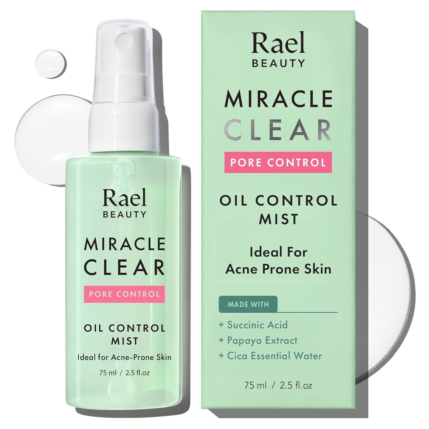 Rael Face Mist, Miracle Clear Oil Control Mist - Facial Spray Hydrating Mist, Pore Control For Acne Prone Skin, Korean Skincare, With Succinic Acid, Residue Free, Vegan, Cruelty Free (75Ml, 2.5 Fl Oz)