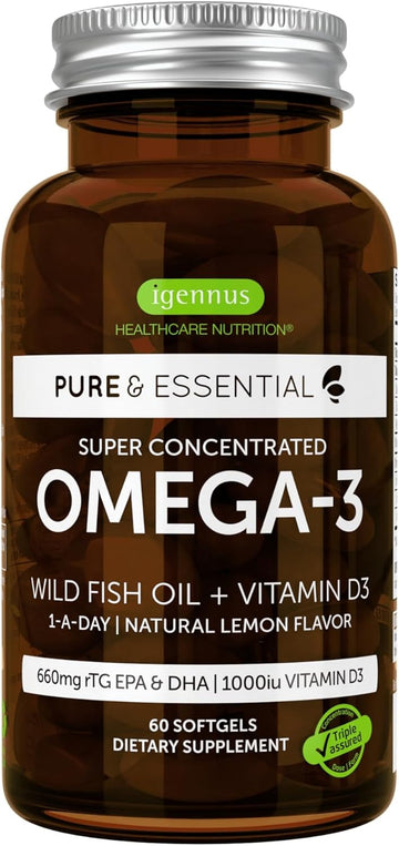 Advanced Omega-3 Wild Fish Oil & Vitamin D3 1000Iu, 1-A-Day, Triglyceride Form Epa & Dha, Fast-Acting Rtg, Natural Lemon Flavor, Non-Gmo, 60 Softgels, By Igennus