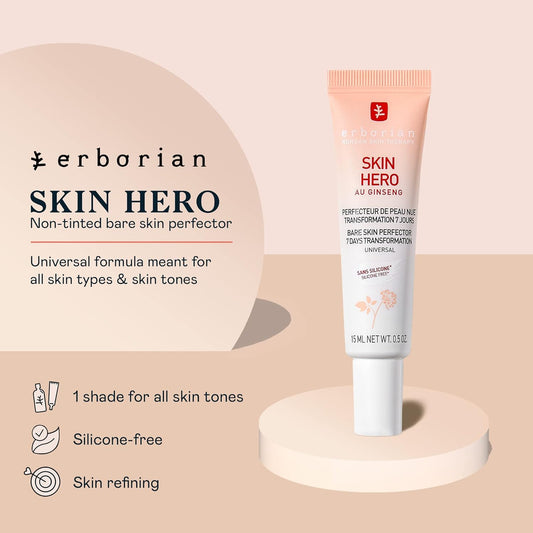 Erborian Skin Hero With White Ginseng, Facial Concealer And Makeup Primer - Non-Tinted Bare Skin Perfecting Face Moisturizer Smooths, Blurs & Illuminates Skin - Silicone Free Korean Skincare