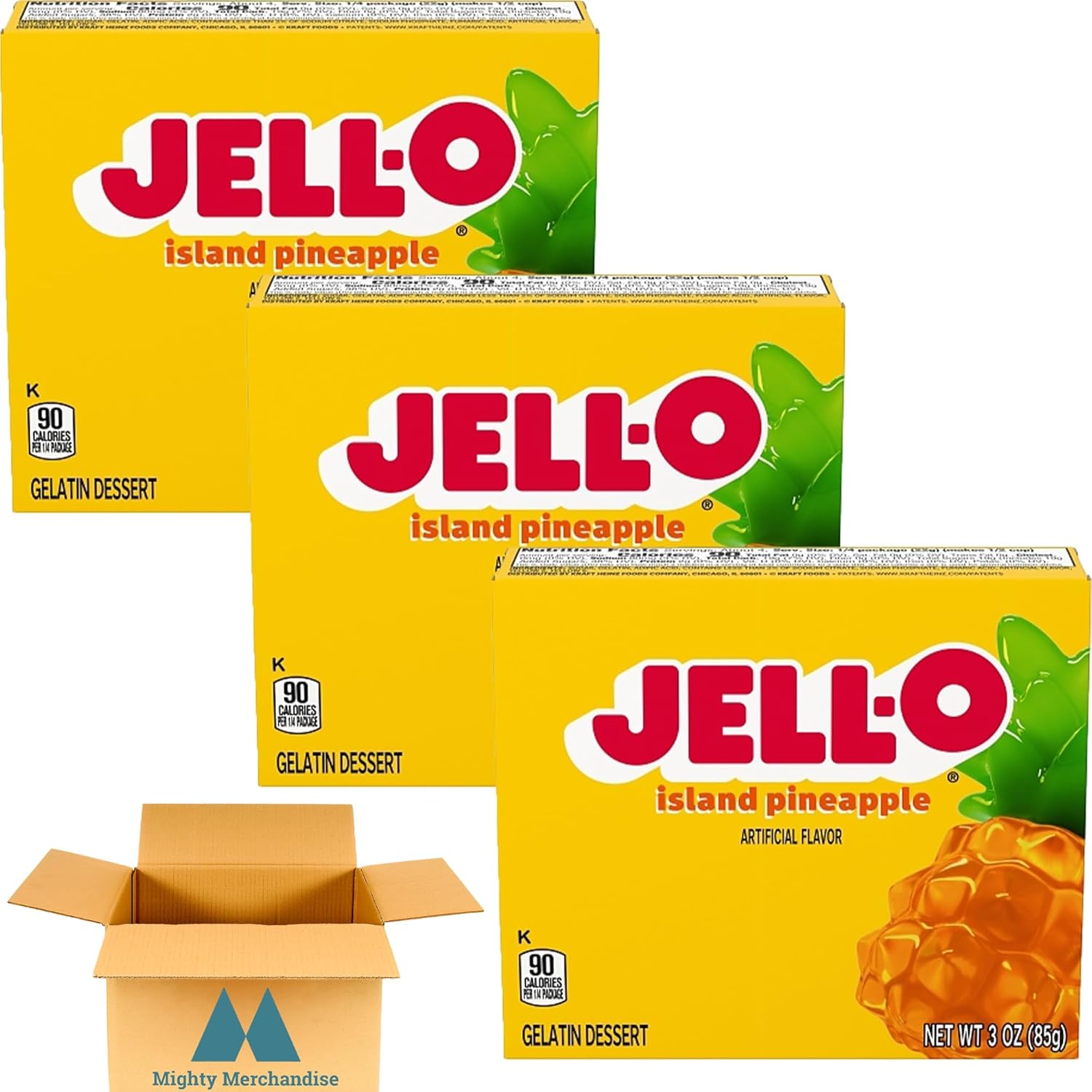 Jell-O Island Pineapple Gelatin Mix - 3 Oz Boxes (Pack Of 3) - In Mighty Merchandise Packaging