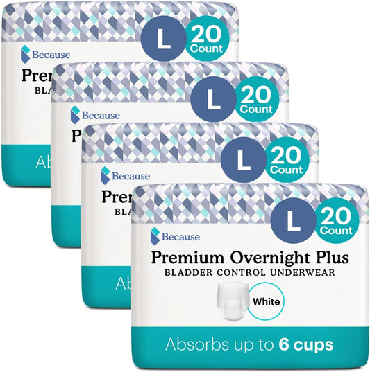 Because Overnight Absorbency Pull Ups - Adult Disposable Incontinence Underwear, Extra Absorbent Nighttime Pull Ups For Men And Women, White, Large, 80 Count (4 Packs Of 20)