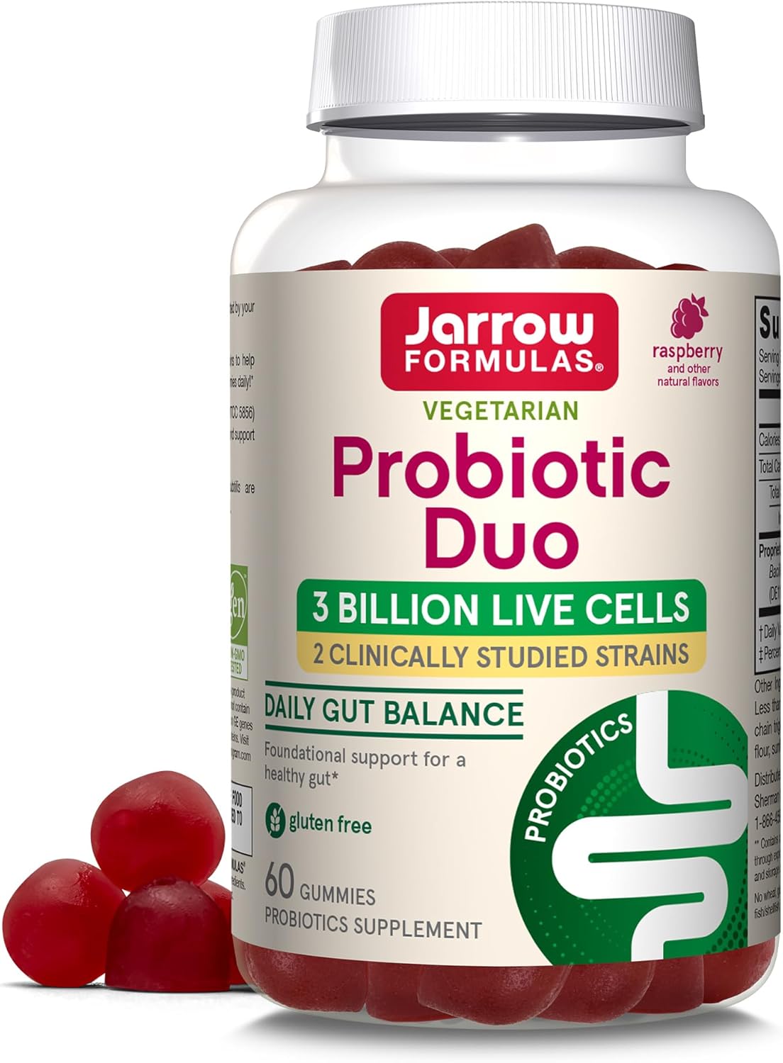 Jarrow Formulas Probiotic Duo, 3 Billion Live Cells Supplement For Immune Health And Digestive Support, 60 Raspberry Flavor Probiotic Gummies, 30 Day Supply