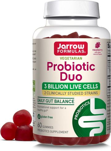 Jarrow Formulas Probiotic Duo, 3 Billion Live Cells Supplement For Immune Health And Digestive Support, 60 Raspberry Flavor Probiotic Gummies, 30 Day Supply