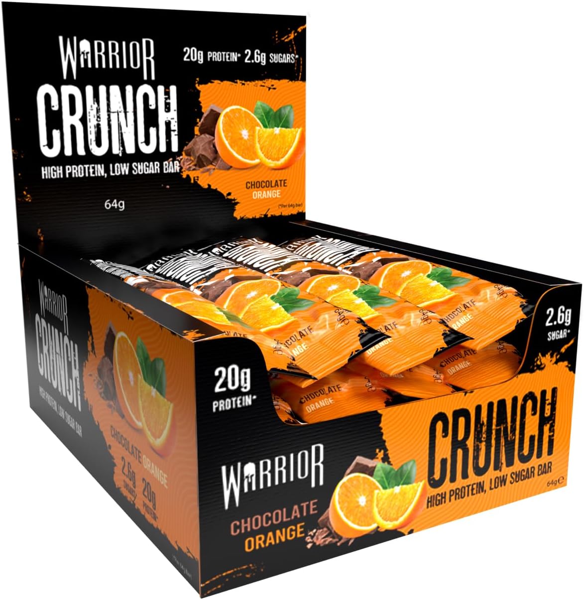 Warrior Crunch - High Protein Bars - 20G Protein Each Bar - Low Carb, Low Sugar Snack - 12 Pack X 64G (Chocolate Orange)