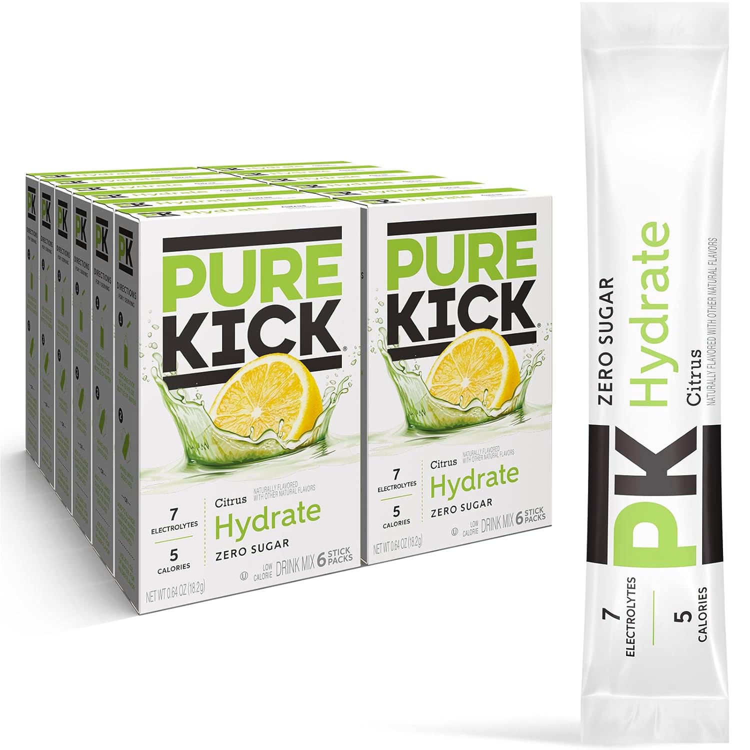 Pure Kick Hydration Singles To Go Drink Mix, Citrus, Includes 12 Boxes With 6 Packets In Each Box, 72 Total Packets