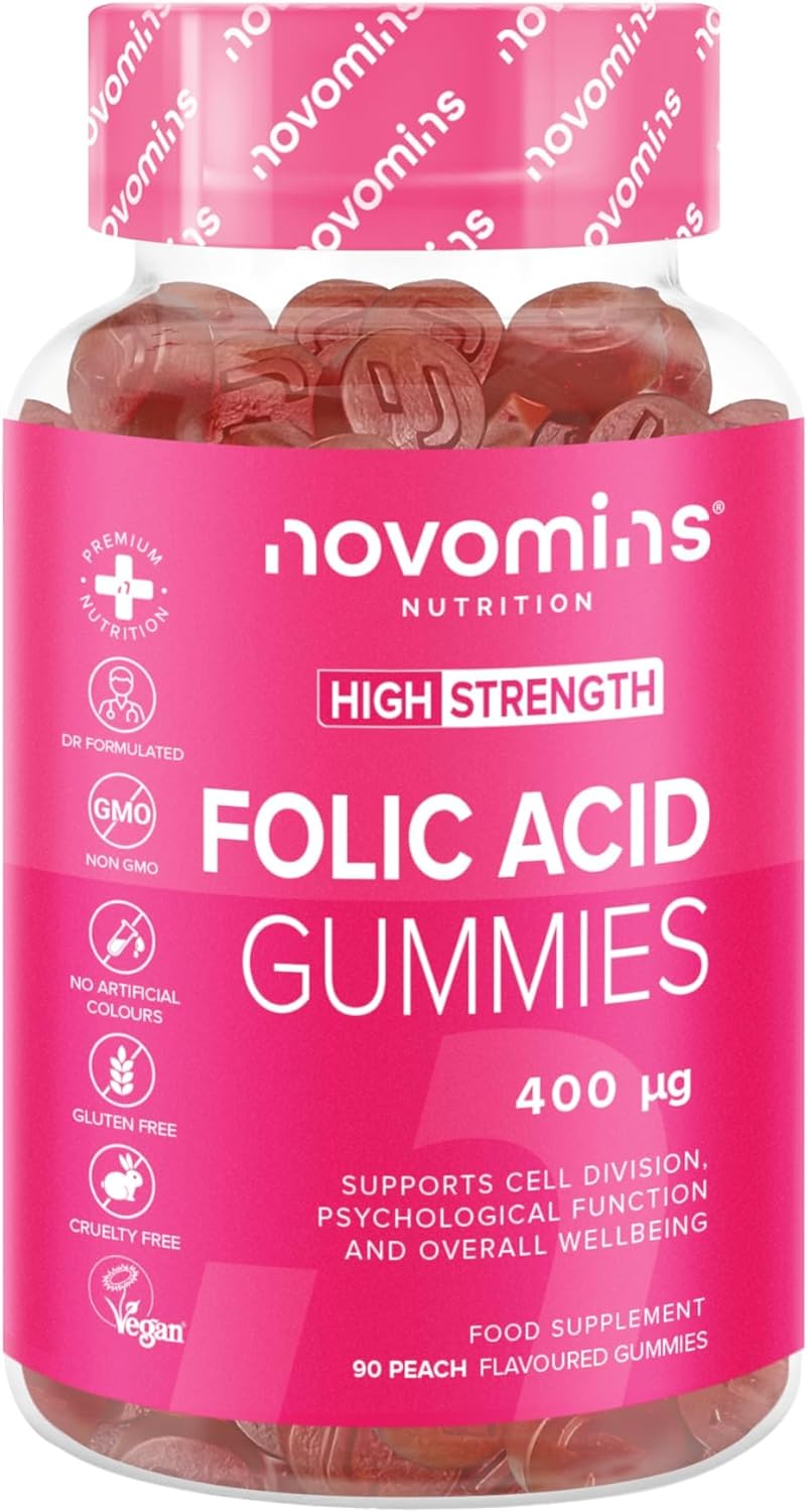Folic Acid Gummies 400 Mcg - 3 Month Supply - Folic Acid High Strength - Prenatal Gummies Health & Maternal Tissue Growth During Pregnancy - Novomins