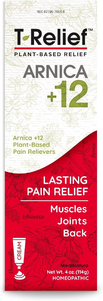 T-Relief Arnica +12 Cream Natural Actives For Back Pain Joint Soreness Muscle Aches & Stiffness, Whole Body Fast Acting Relief For Women & Men - 4 Oz