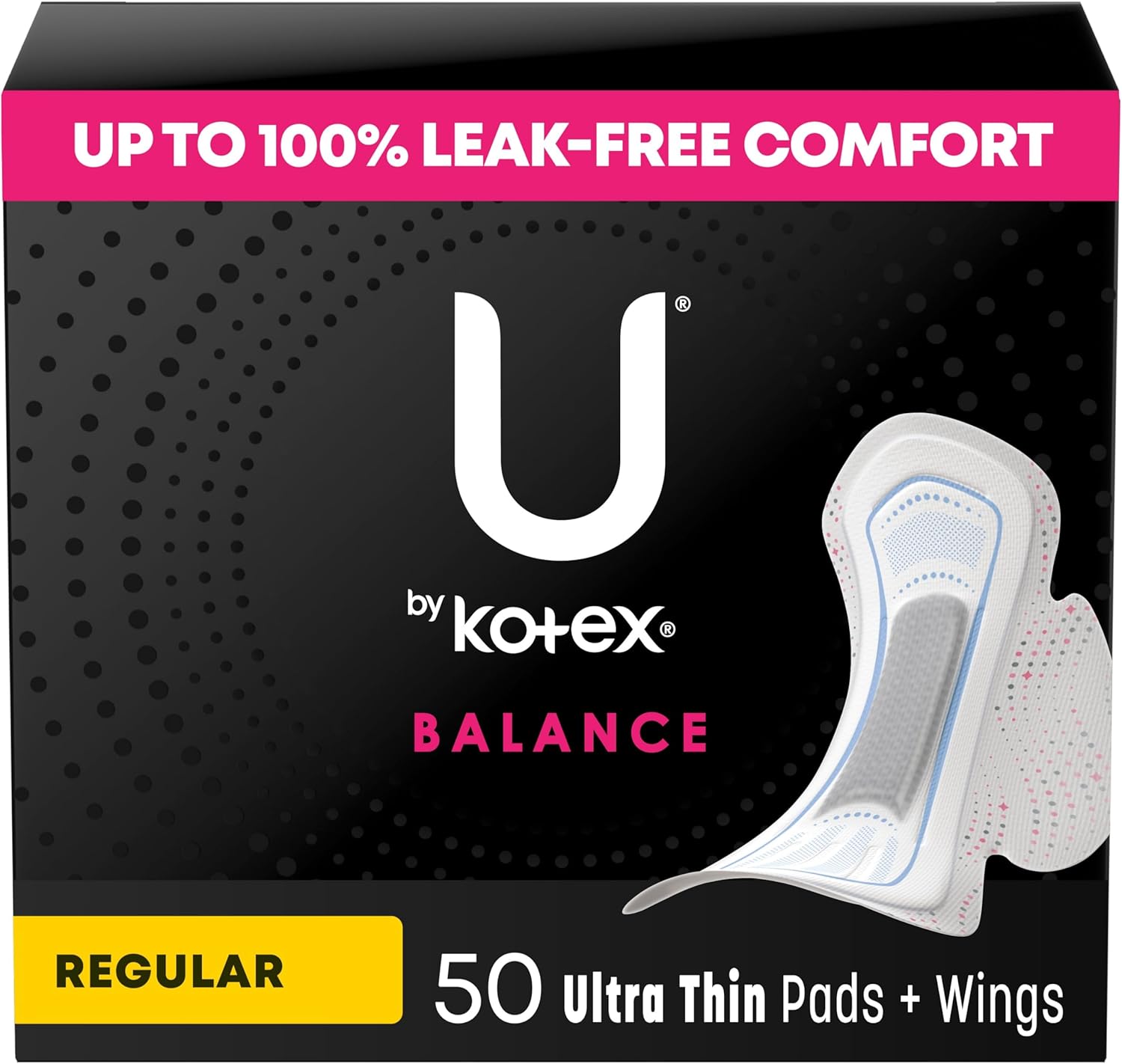 U By Kotex Balance Ultra Thin Pads With Wings, Regular Absorbency, 50 Count (Packaging May Vary)