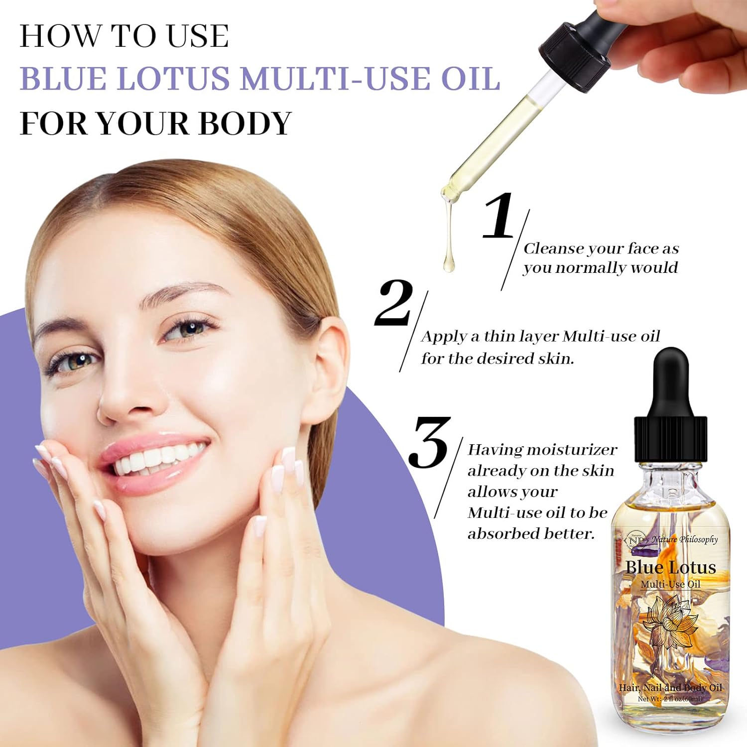 Np Natures Philosophy Blue Lotus Multi-Use Oil For Face, Body And Hair - Organic Plant Fragrant Essential Oil For Dry Skin, Scalp And Nails - 2 Fl Oz : Beauty & Personal Care