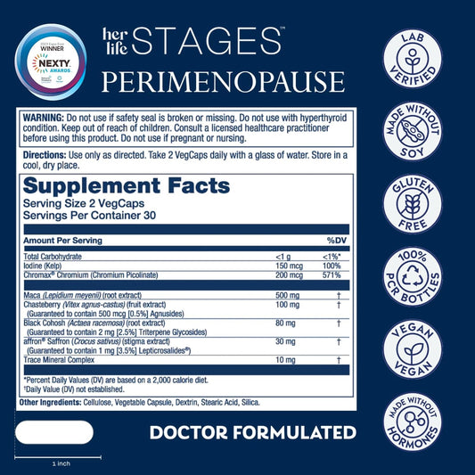 Solaray Perimenopause Her Life Stages - Perimenopause Supplements Women - Hot Flashes, Menopause Support - Saffron And Chasteberry - Made Without Hormones - 60-Day Guarantee - 30 Servings, 60 Vegcaps