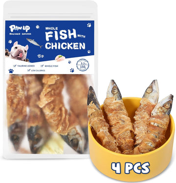 Fish Dog Treats with Chicken, Healthy Chews, Chicken Wrapped Whole Mackerel, Rich in Omega 3, 1% Taurine Added, Dog Snacks for Medium or Large Dog, 5.3oz/150g, 4Pcs per Pack