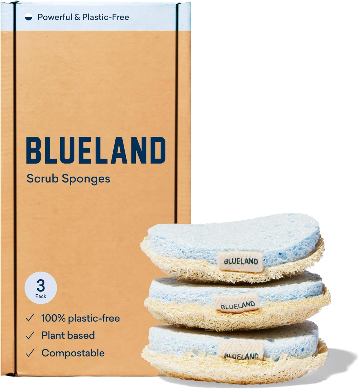 Blueland Scrub Sponge - 3 Pack Of Dual-Sided Loofah Dish Sponges - Plastic-Free, Plant-Based Kitchen Sponge, Scrubbing Power Without Scratching