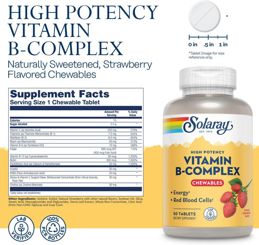 Solaray Vitamin B-Complex Chewables, Strawberry, Healthy Energy, Red Blood Cell, Stress & Metabolism Support, 50 Tablets