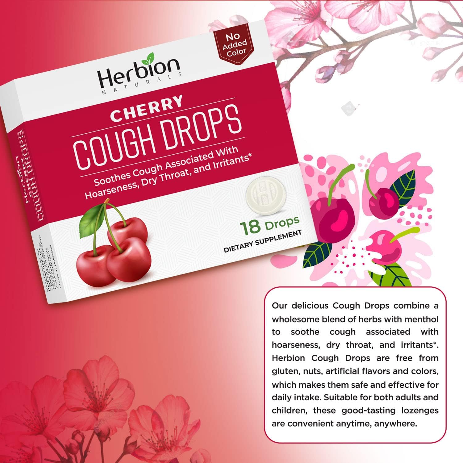 Herbion Naturals Cough Drops with Natural Cherry Flavor, Dietary Supplement, Soothes Cough, For Adults and Children over 6 years, 18 Drops, No Artificial Flavor, No Added Color. : Health & Household