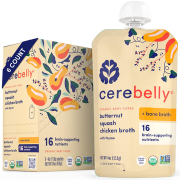Cerebelly Organic Butternut Squash & Chicken Bone Broth Puree | 6+ Months Stage 1 2 Baby Food Pouches | Non-GMO, Tested for Heavy Metals | Protein, Healthy Fats, 16 Nutrients | 4 oz (6 Pack)