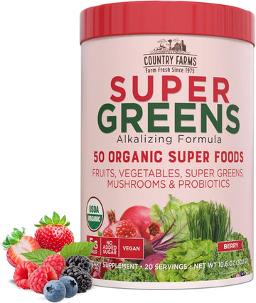 Country Farms Super Greens Berry Flavor, 50 Organic Super Foods, Usda Organic Drink Mix, Fruits, Vegetables, Super Greens, Mushrooms & Probiotics, Supports Energy, 20 Servings, 10.6 Oz