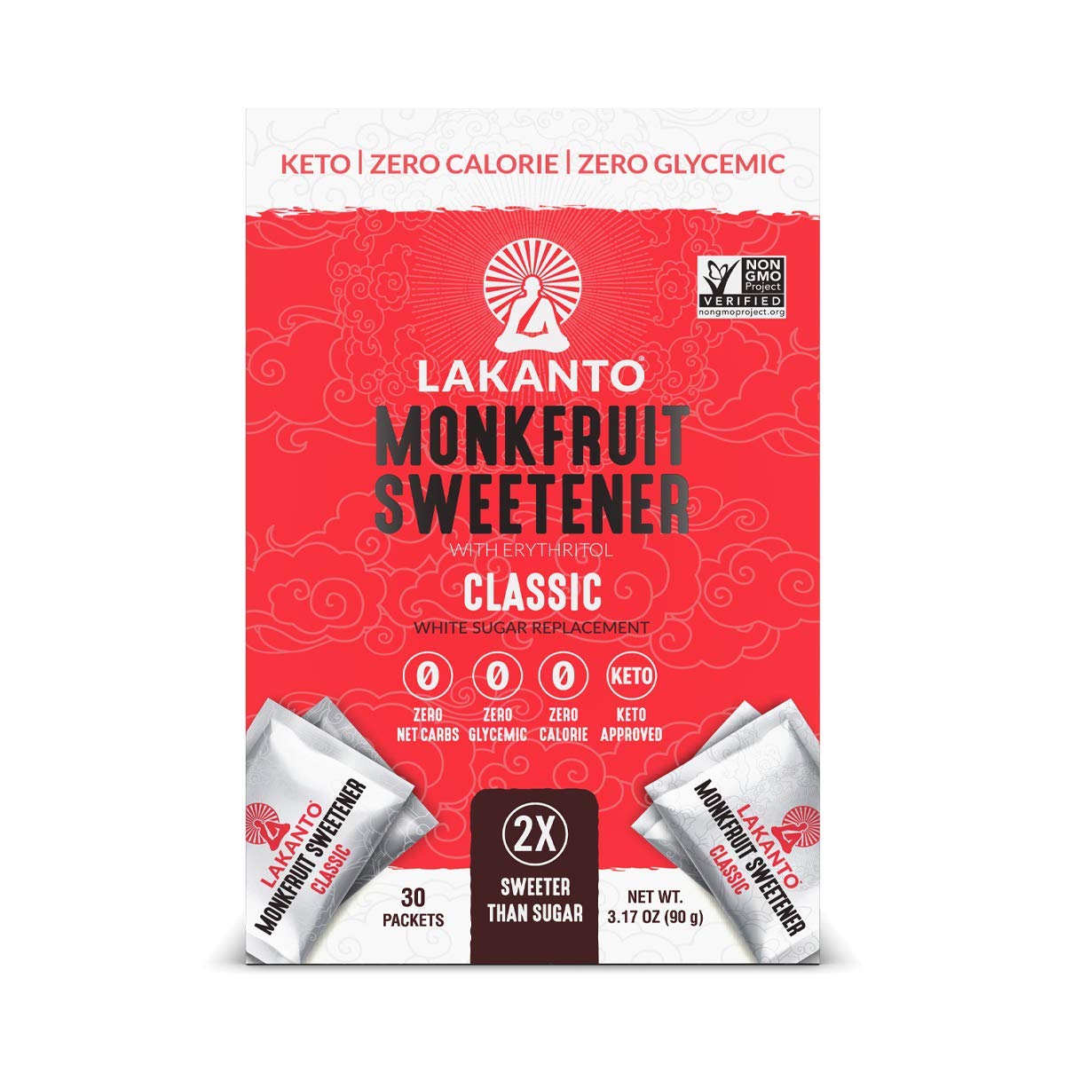 Lakanto Classic Monk Fruit Sweetener with Erythritol Packets - White Sugar Replacement, Zero Net Carbs, Zero Calorie, Sweeten on the Go, Coffee, Lemonade, Tea, Desserts - Classic (30 Count)