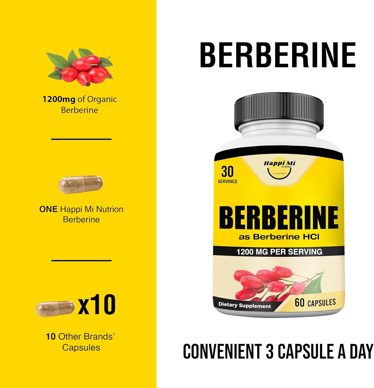 Happi Mi Nutrition Berberine 1200Mg Per Serving As Berberine Hcl, 60 Veggie Capsules, 30 Servings : Health & Household