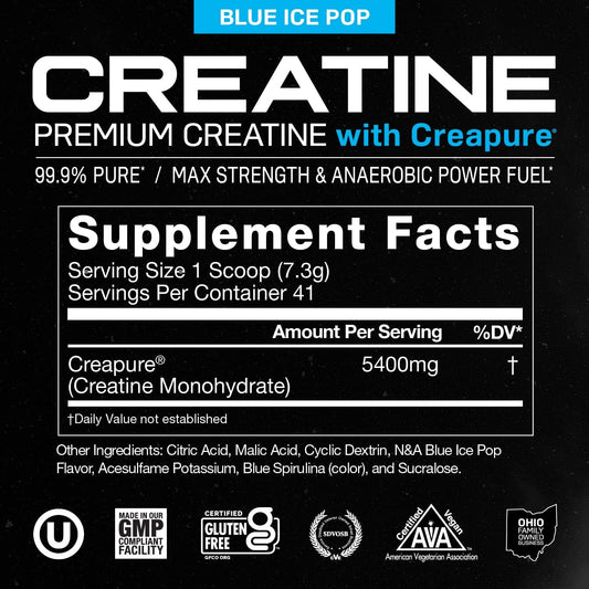 Muscle Feast Creapure Creatine Monohydrate Powder, Vegan Keto Friendly Gluten-Free Easy To Mix, Mass Gainer, Muscle Recovery Supplement And Best Creatine For Muscle Growth, Blue Ice Pop, 300G