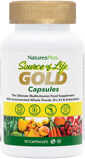 Natures Plus Source Of Life Gold Multivitamin - 90 Vegetarian Capsules - With Vitamins D3, B12, K2 & More Than 120 Whole Foods - Blood, Bone & Immune Support - Gluten Free - 30 Servings