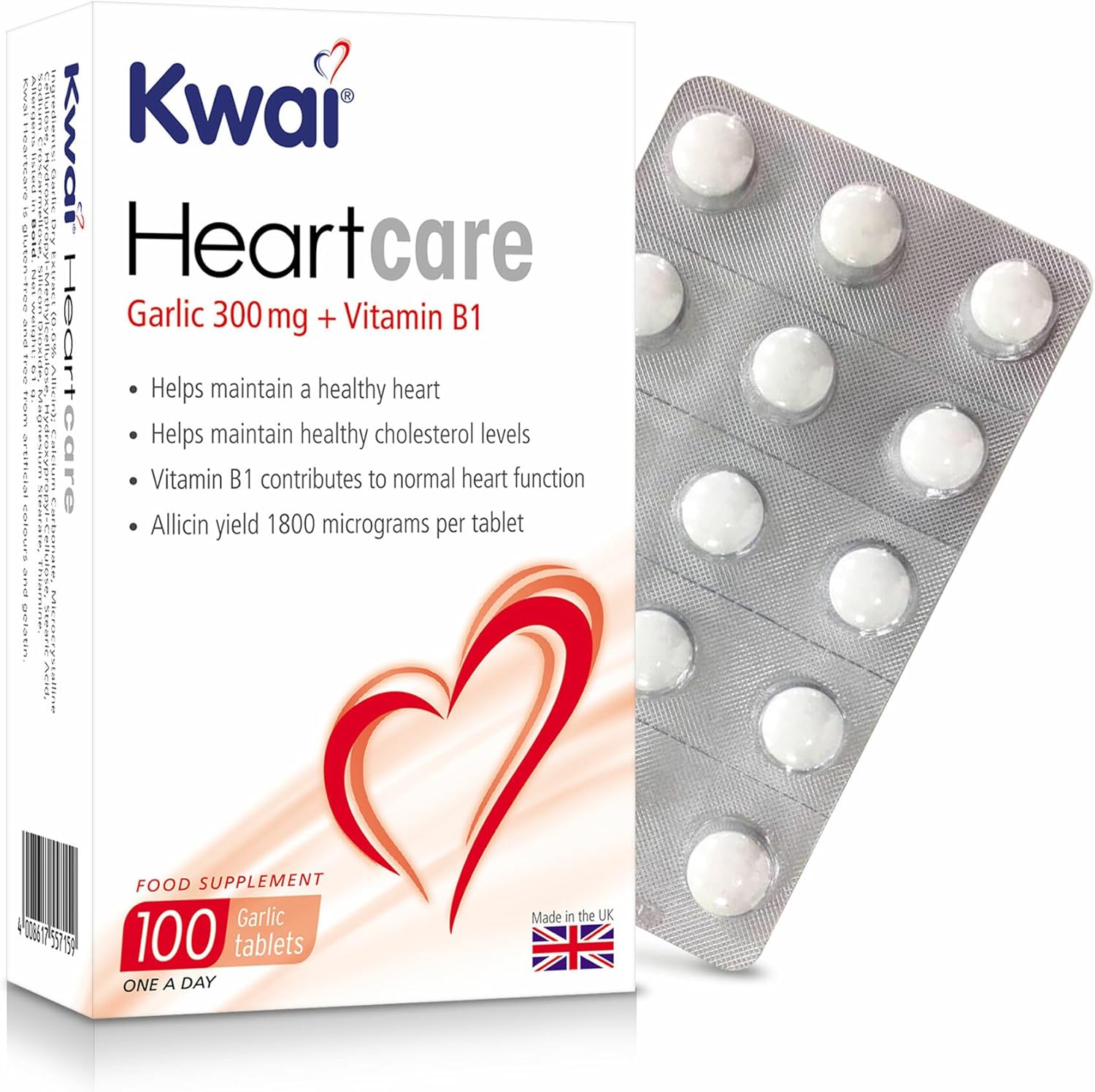 Kwai Heartcare | 100 Tablets | Garlic Capsules Odourless High Strength Plus Vitamin B1 I Helps Maintain Healthy Cholesterol Levels And Healthy Heart | 300Mg Of Standardised Garlic Per Tablet