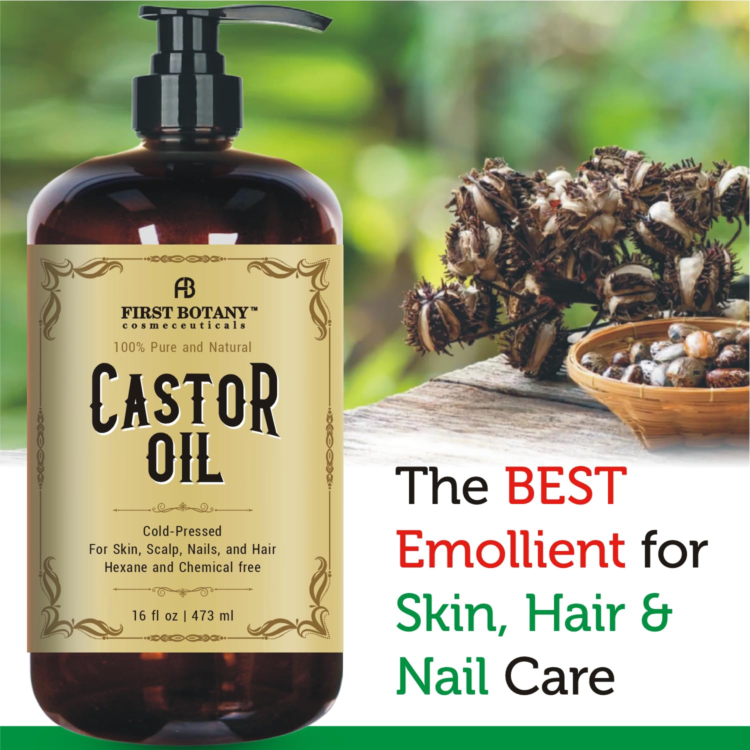 First Botany Castor oil 16 fl oz - The BEST Emollient for Skin, Hair & Nail Care - Can be used as Hair Growth Serum, Face & Body Moisturizer, Eyebrow serum And Eyelash serum : Beauty & Personal Care