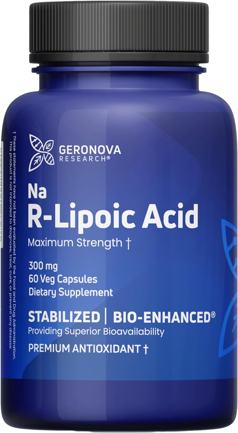 Geronova Research R-Lipoic Acid 300mg 60 Caps - Stabilized R-Alpha Lipoic Acid with Superior Bioavailability, Metabolic Activity & Healthy Aging Support - Gluten Free & Non-GMO Antioxidant Supplement
