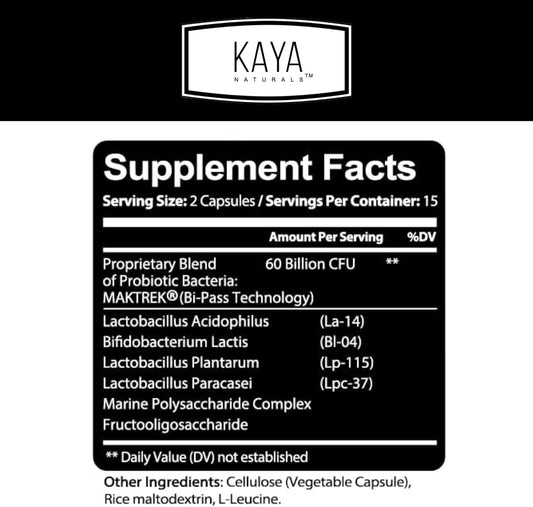 Kaya Naturals Probiotic 60 Billion Cfu | Probiotics For Women, Probiotics For Men And Adults, Natural | Gut Health & Immune Support Supplement | Provides Digestive Support - 30 Vegetable Capsules