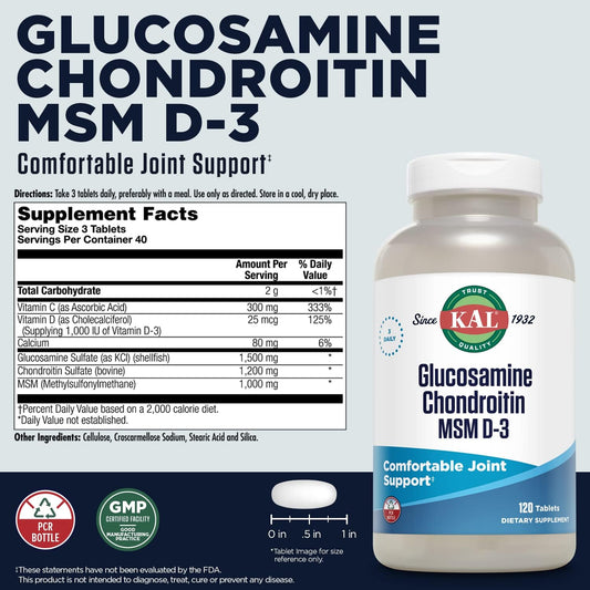 Kal Glucosamine Chondroitin Msm D-3, Joint Support Supplement, 1,500 Mg Of Glucosamine Sulfate, 1,200 Mg Of Chondroitin Sulfate, 1,000 Mg Of Msm, Plus Vitamin D3 & Vitamin C, 40 Servings, 120 Tablets