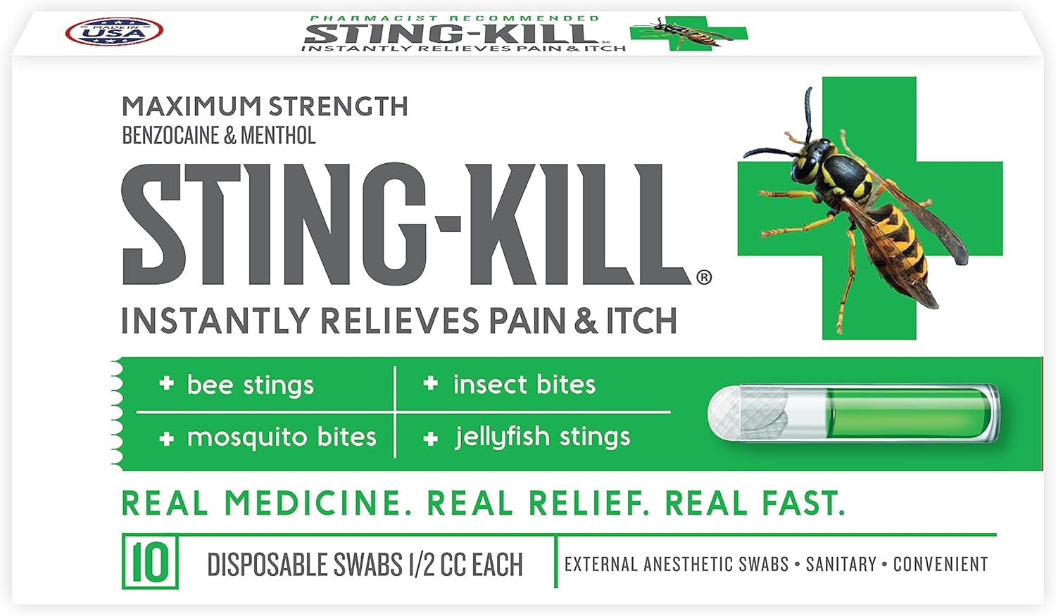 Sting-Kill First Aid Anesthetic Swabs, Instant Pain + Itch Relief From Bee Stings And Bug Bites, 10-Count