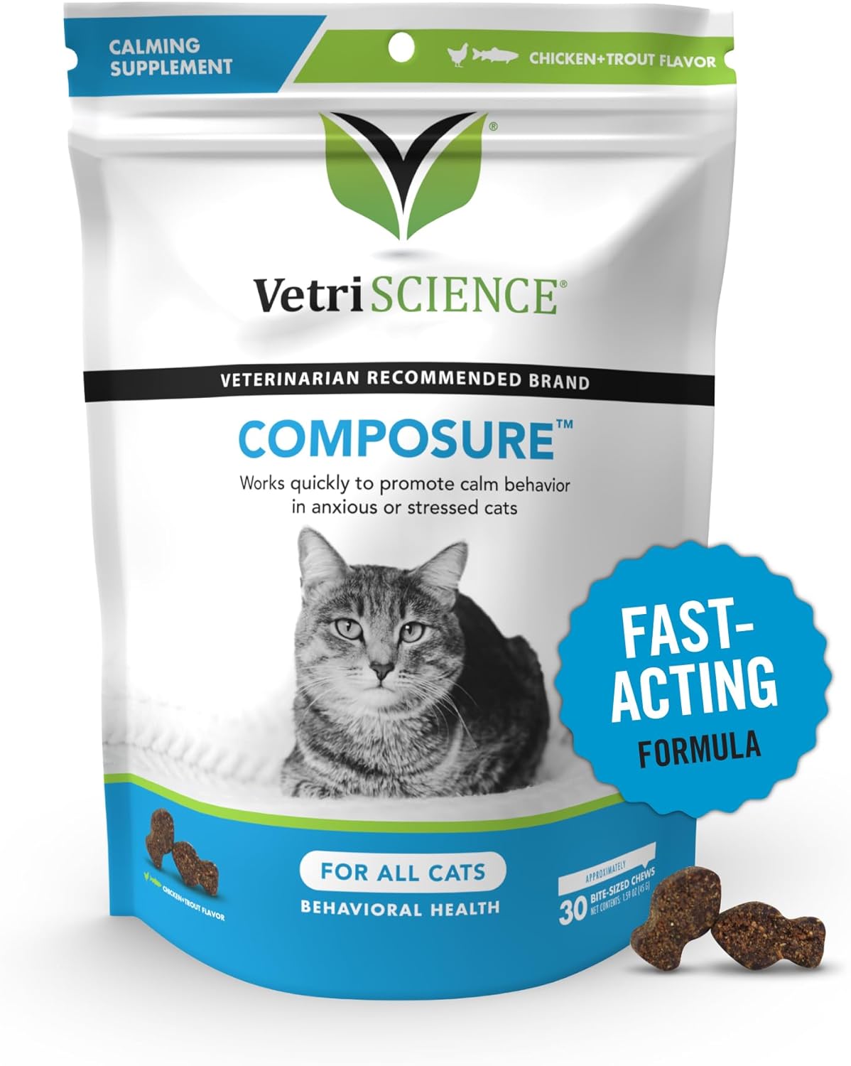 VETRISCIENCE Composure Cat Calming Chews - Clinically Supported Cat Anxiety Relief Supplement for Stress, Grooming, Vet Visits, Separation & More - 30 Count, Chicken and Trout Flavor