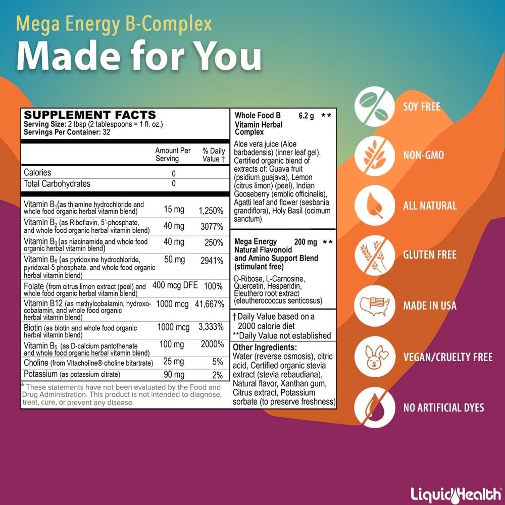 LIQUIDHEALTH Children Focus & Energy Liquid Vitamin Bundle with Attention Teens & Kids, Mega Energy B-Complex Supplement - Liquid Vitamins for Kids, Improve Child's Concentration, Mood & Boosts Energy : Health & Household