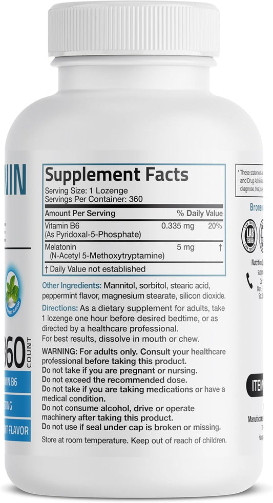 Bronson Melatonin 5Mg Fast Dissolve Peppermint Tablets With Vitamin B6 - Promotes Relaxation, 360 Vegetarian Chewable Lozenges