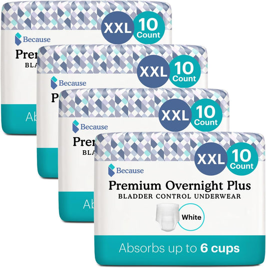 Because Overnight Absorbency Pull Ups - Adult Disposable Incontinence Underwear, Extra Absorbent Nighttime Pull Ups For Men And Women, White, Xxlarge, 40 Count (4 Packs Of 10)