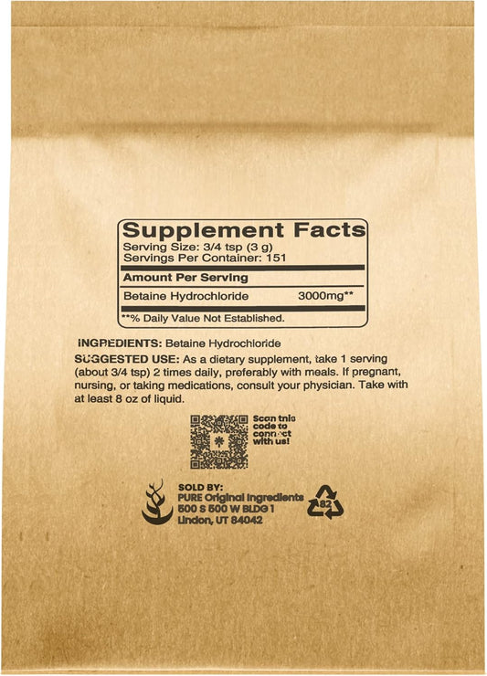 Pure Original Ingredients Betaine Hcl 1 Lb, No Additives Or Fillers, Lab-Verified Supplement