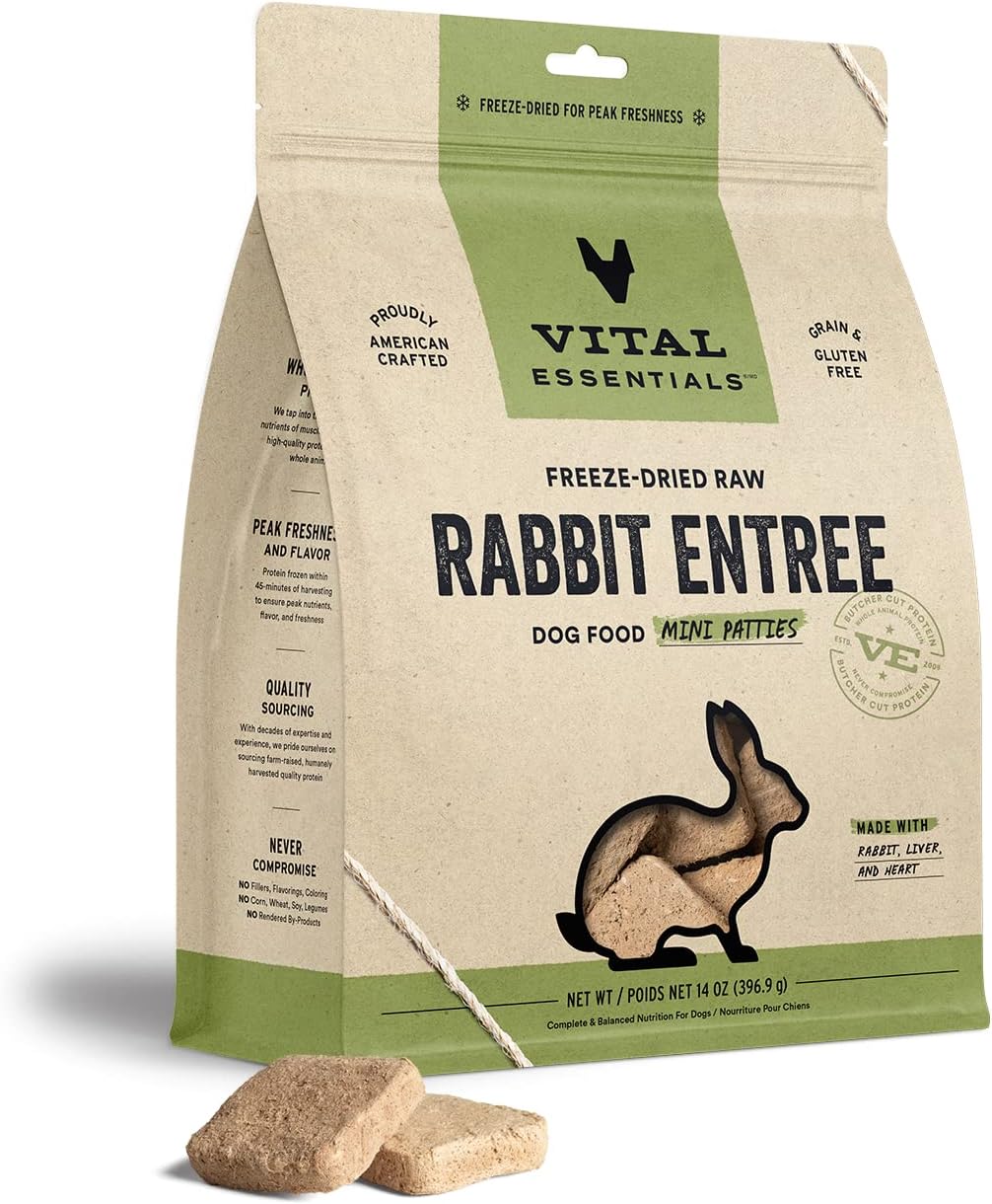 Vital Essentials Freeze Dried Raw Dog Food, Rabbit Mini Patties Entree, 14 Oz