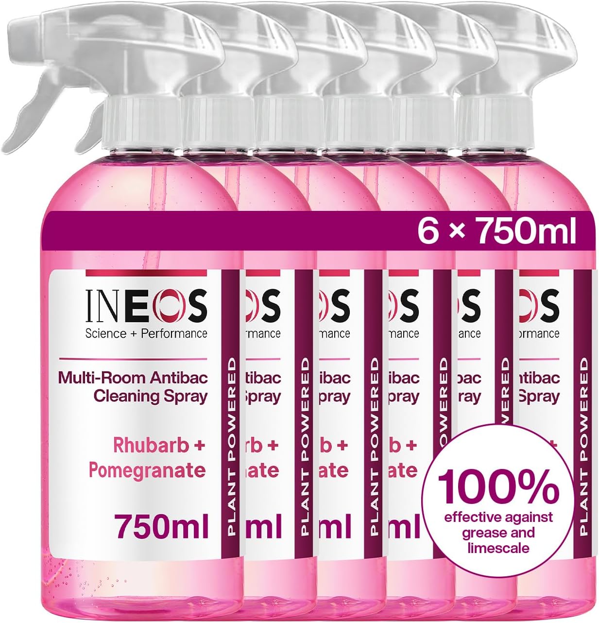 Ineos Next-Gen Cleaning Antibac Spray, 4.5L (750Ml X 6), Multi-Room, Plant Powered, Limescale + Grease Remover, Kills 99.9% Of Bacteria + Viruses, Rhubarb + Pomegranate, Packaging May Vary