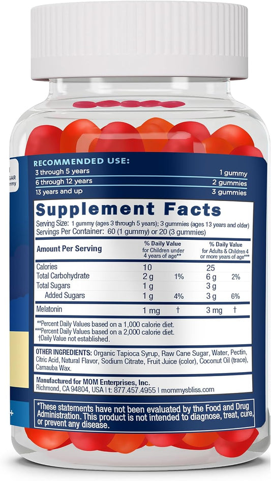 Mommy'S Bliss Kids Sleep Melatonin Gummies, Free Of Artificial Colors, Flavors, Or Gelatin, Strawberry Flavor, Age 3+ (60 Gummies)