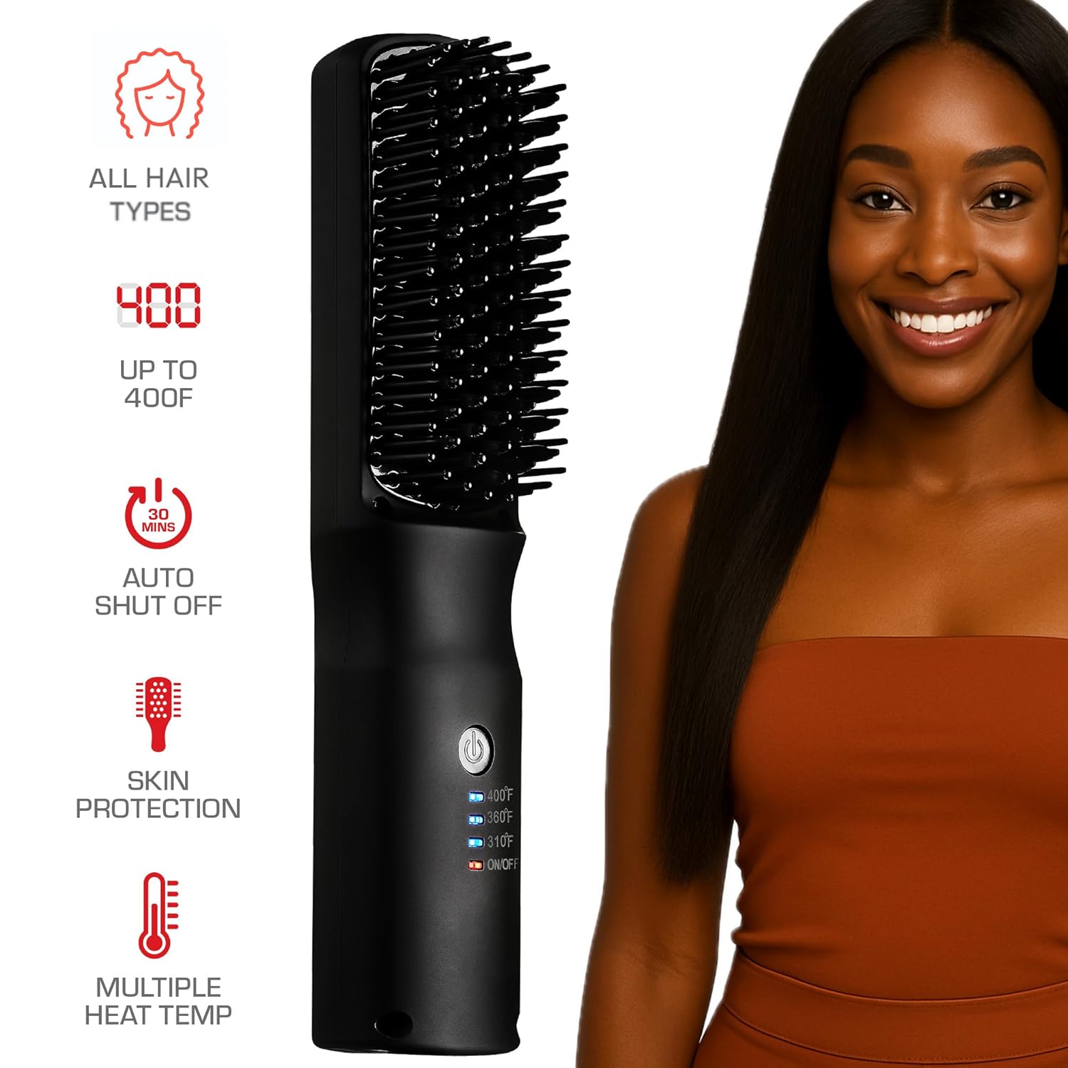Red By Kiss 2-In-1 Ionic Hair Straightener Brush With Ceramic Coating, Adjustable Temp, Auto Shut Off, Skin Protector Bristles & 360° Swivel Cord, Smooth & Style In Few Strokes : Beauty & Personal Care