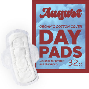 August Organic Menstrual Day Pads, 100% Certified Organic Cotton, Compostable Wrappers, Toxin Free, Fragrance Free, Hypoallergenic, 32 Pads