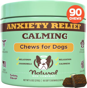 Natural Dog Company Calming Bites (90 Chews), Peanut Butter and Bacon Flavor, Chewable Treats with Melatonin for Dogs, Promotes Relaxation & Composure for Daily Stress, Supports Balanced Behavior