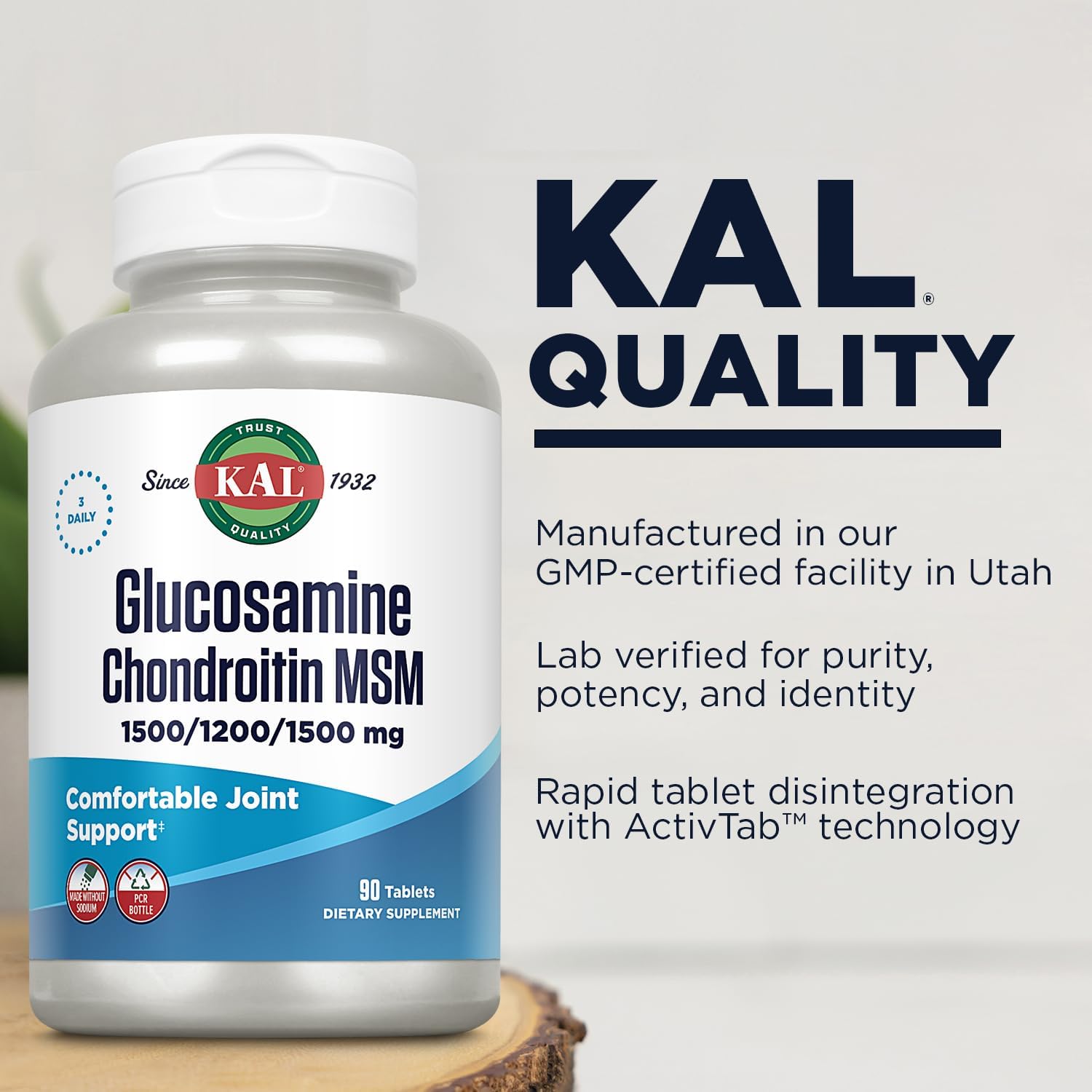 KAL Glucosamine Chondroitin MSM, Joint Support Supplement for Women and Men, 1500mg Glucosamine Sulfate, 1200mg Chondroitin, 1500mg MSM, Rapid Disintegration, 60-Day Guarantee, 30 Servings, 90 Tablets : Health & Household