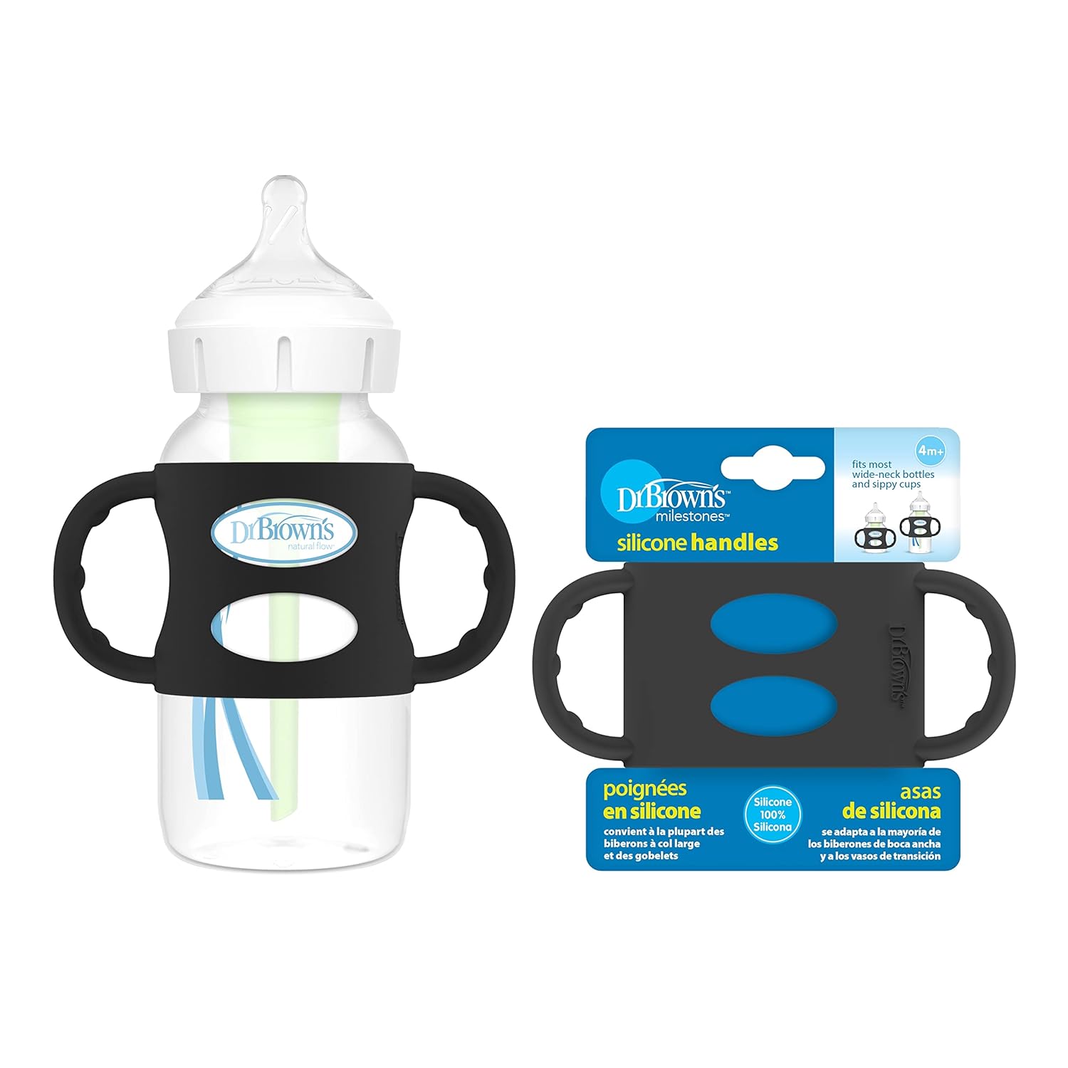 Dr. Brown'S Milestones 100% Silicone Baby Bottle Handles, Wide-Neck, Removable Easy-Grip Transitional Sippy Cup Handles, Black, 4M+, 1 Pack