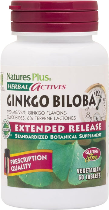 NaturesPlus Herbal Actives Ginkgo Biloba, Extended Release - 120 mg, 60 Vegan Tablets - Vegetarian, Gluten-Free - 60 Servings