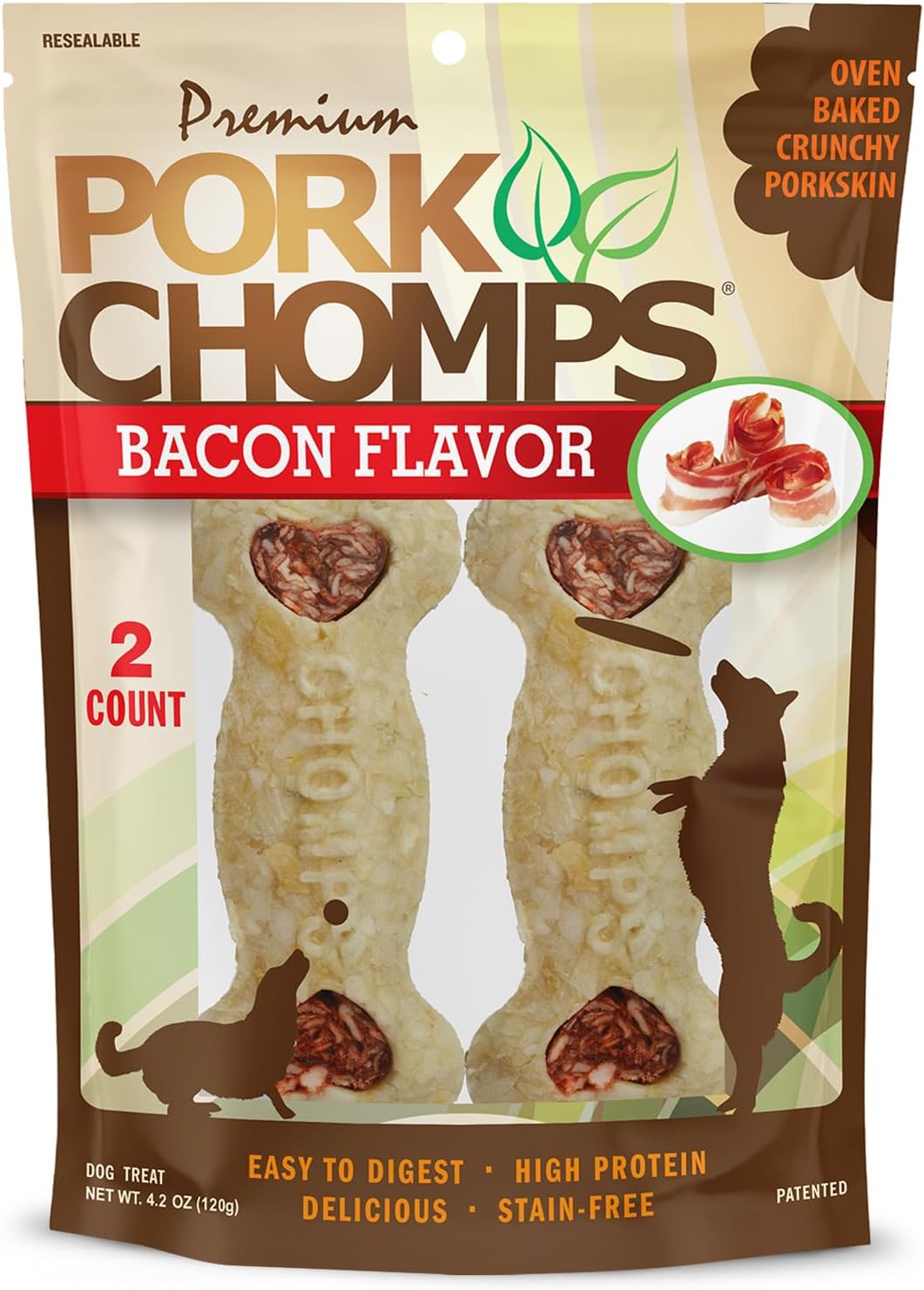Pork Chomps Dog Chews, 4-Inch Crunchy Bones, Bacon Flavor, 2 Count