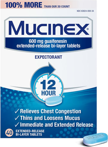 Mucinex 12 Hour 600 Mg Guaifenesin Extended-Release Tablets For Excess Mucus Relief, Expectorant Aids Excess Mucus Removal, Chest Congestion Relief, 40 Bi-Layer Tablets