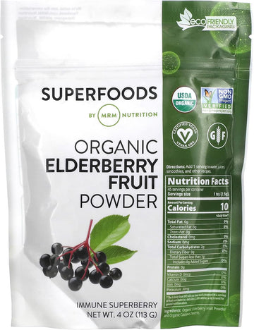 Mrm Nutrition Organic Elderberry Fruit Powder | Superfoods | Immune Superberry | Antioxidants + Fiber | Vegan + Gluten-Free | 45 Servings