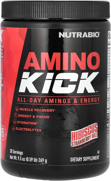 NutraBio Amino Kick - Amino Acid Energy Formula - BCAA's, Electrolytes for Hydration, Natural Caffeine (Hibiscus Strawberry Buzz)