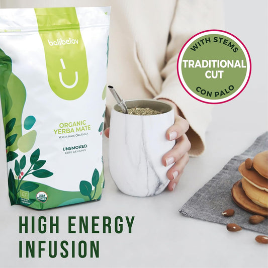 Balibetov Usda Organic Yerba Mate Tea Loose Leaf, 2.2. Lb. Bag, Natural Traditional Cut, Clean High Energy, Unsmoked Artisanal, Gluten Free, Vegan Friendly, Hot Or Cold Drink (2.2 Pounds (Pack Of 1), Traditional Cut)