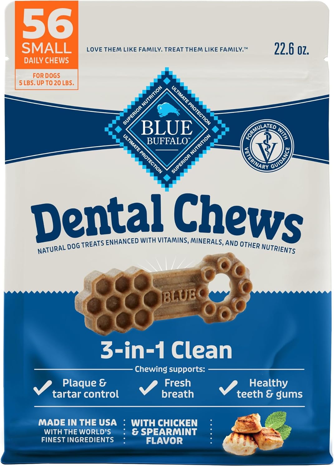 Blue Buffalo Dental Chews Small Natural Dog Treats, Chicken & Spearmint 22.6-Oz Bag (56 Count)